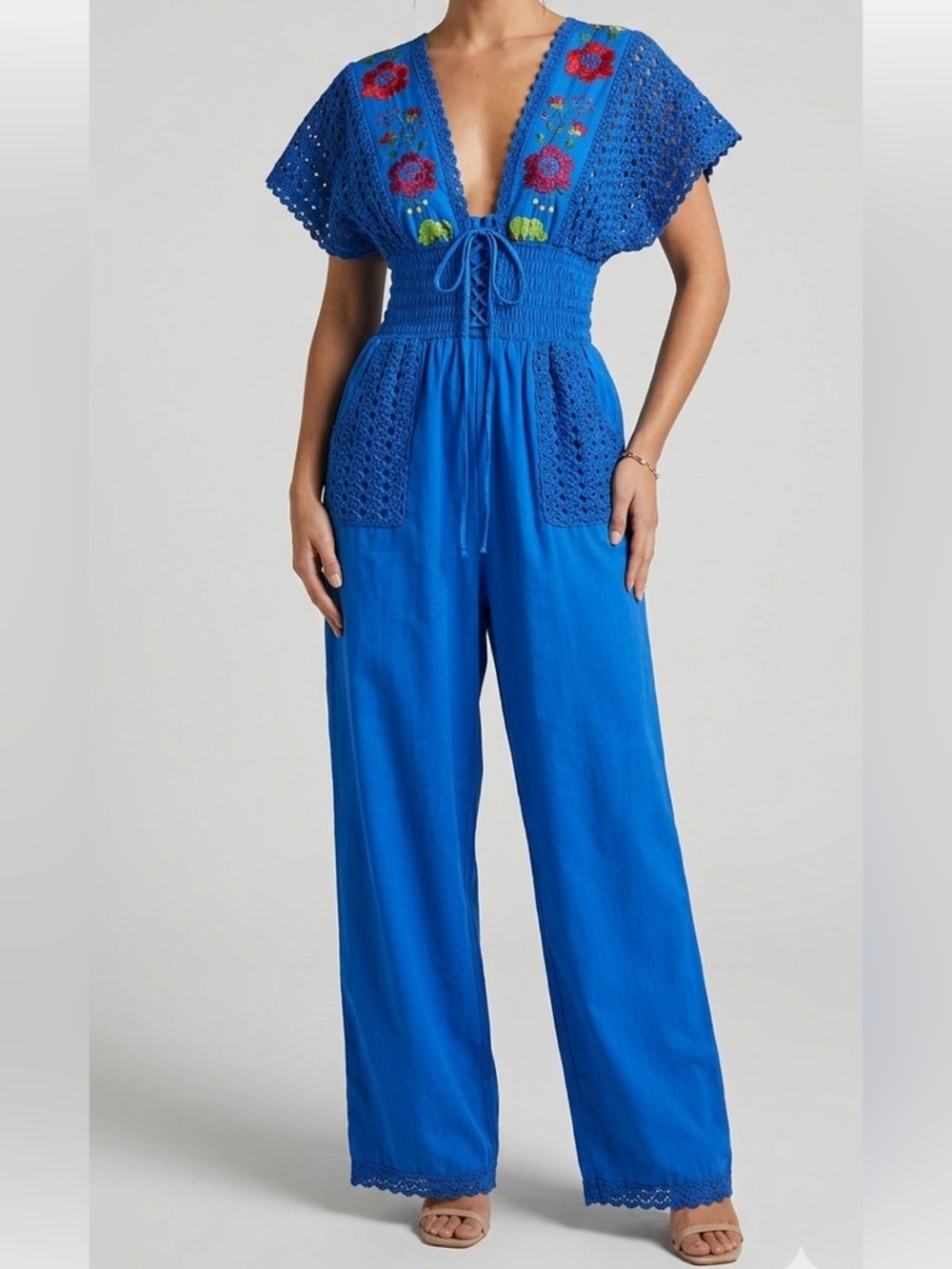 Artisanal Mexican Embroidered Jumpsuit Blue Crochet Lace Up Boho Folk Size 6